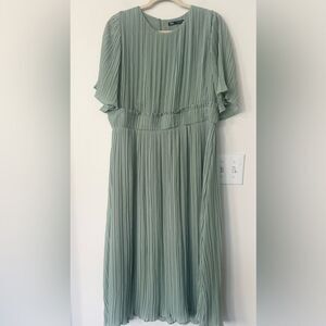 Zara Pleated Celery Green Midi  Dress L